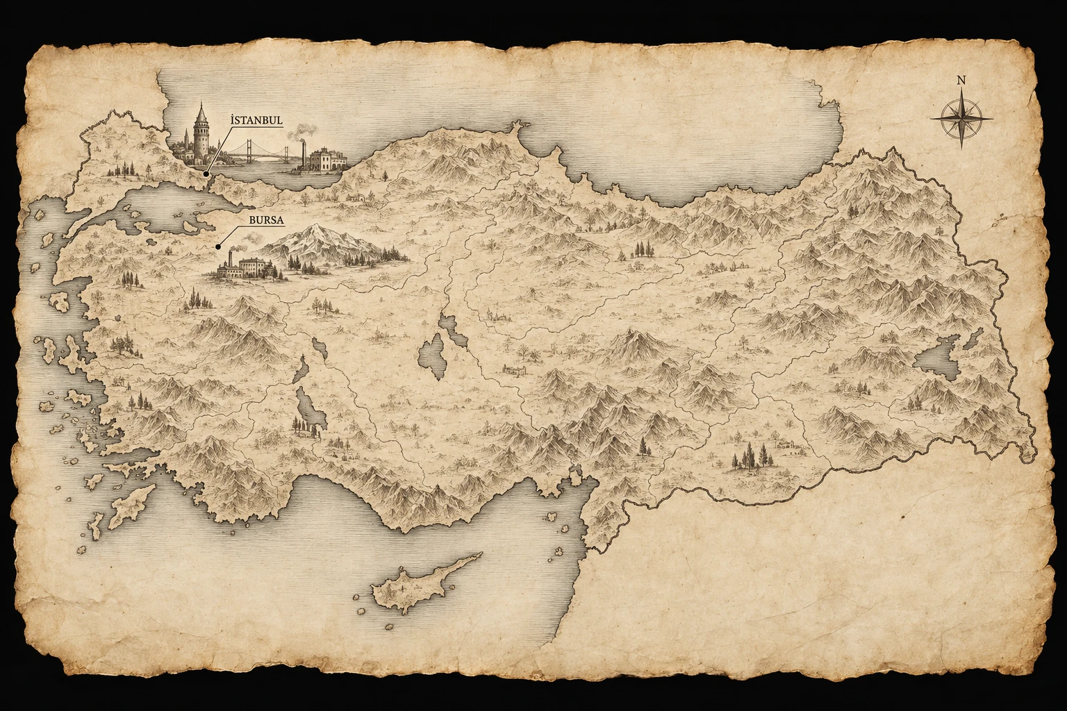 Zenef Map — Hand-drawn illustrative map of Turkey on aged paper: Istanbul marked with a tower, bridge and factory; Bursa with a factory and mountain.