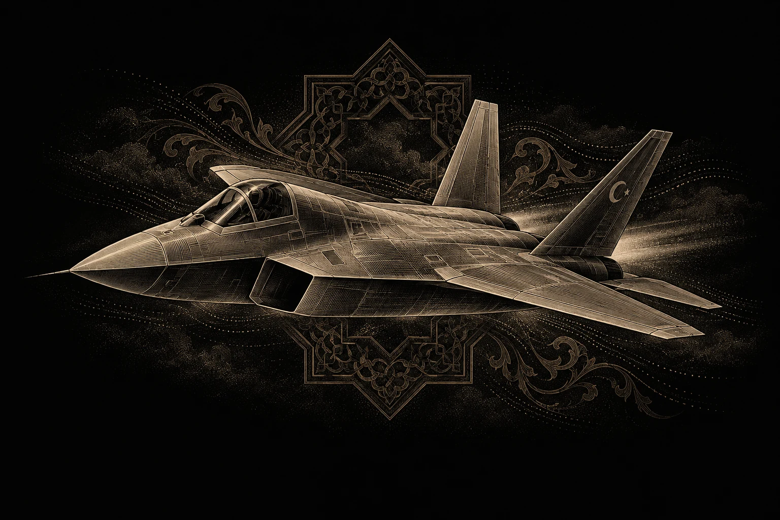 Zenef Aerospace — KAAN-inspired fighter aircraft engraving with Turkish geometric motifs.