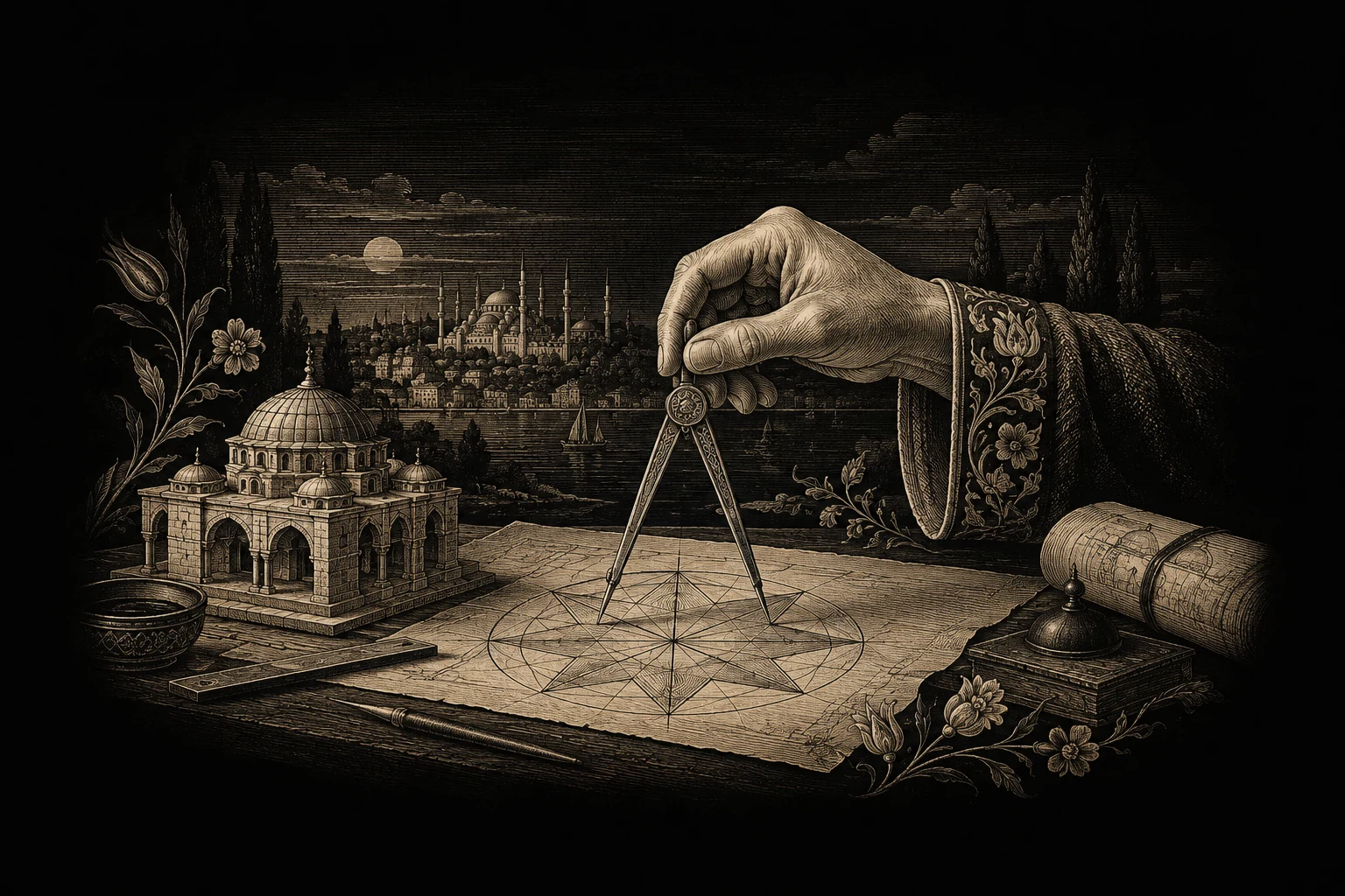 Zenef Approach — Drafting compass and geometric plan inspired by Ottoman architecture.