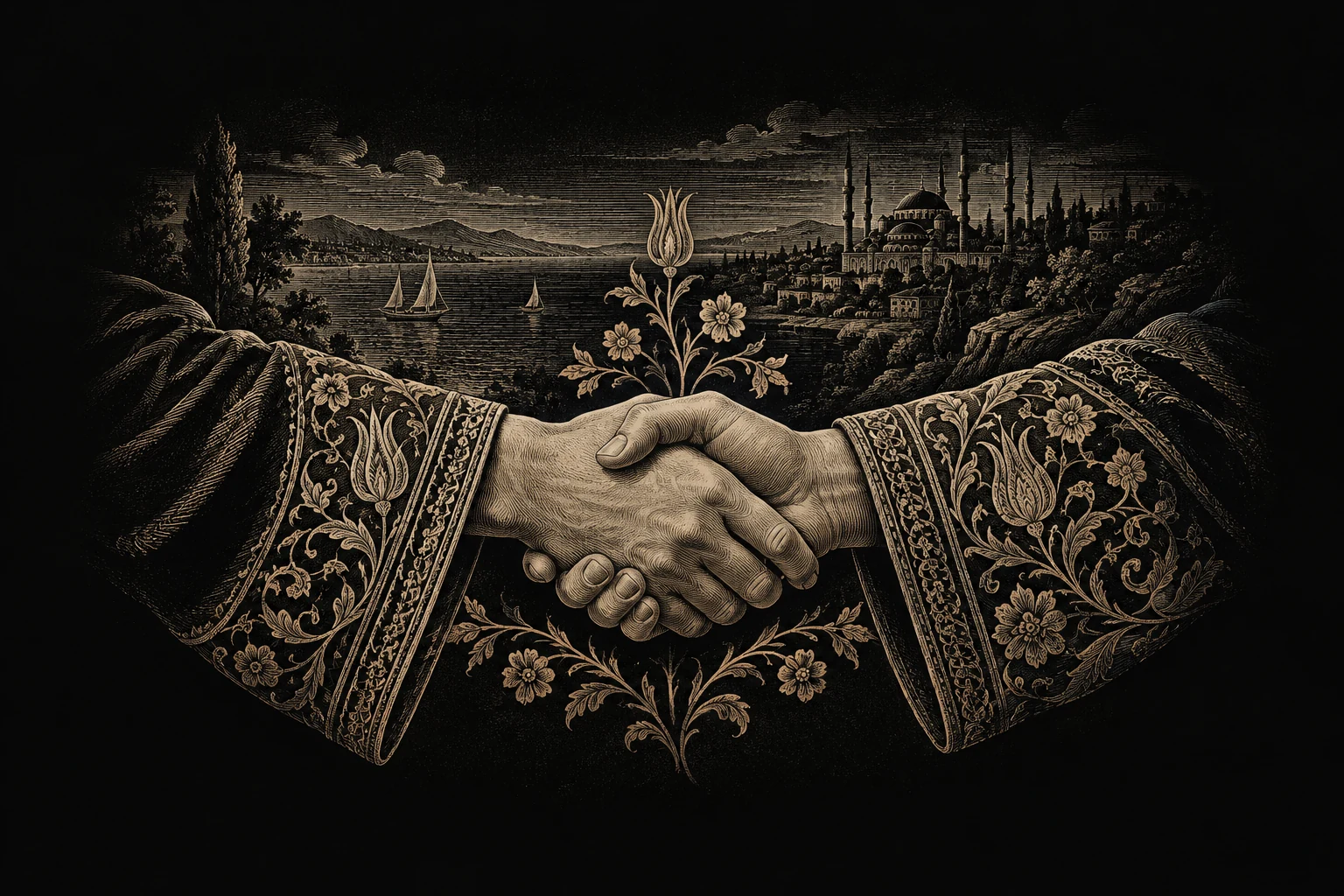 Zenef Connect — Handshake engraving framed by kaftan sleeves with rumi ornament.