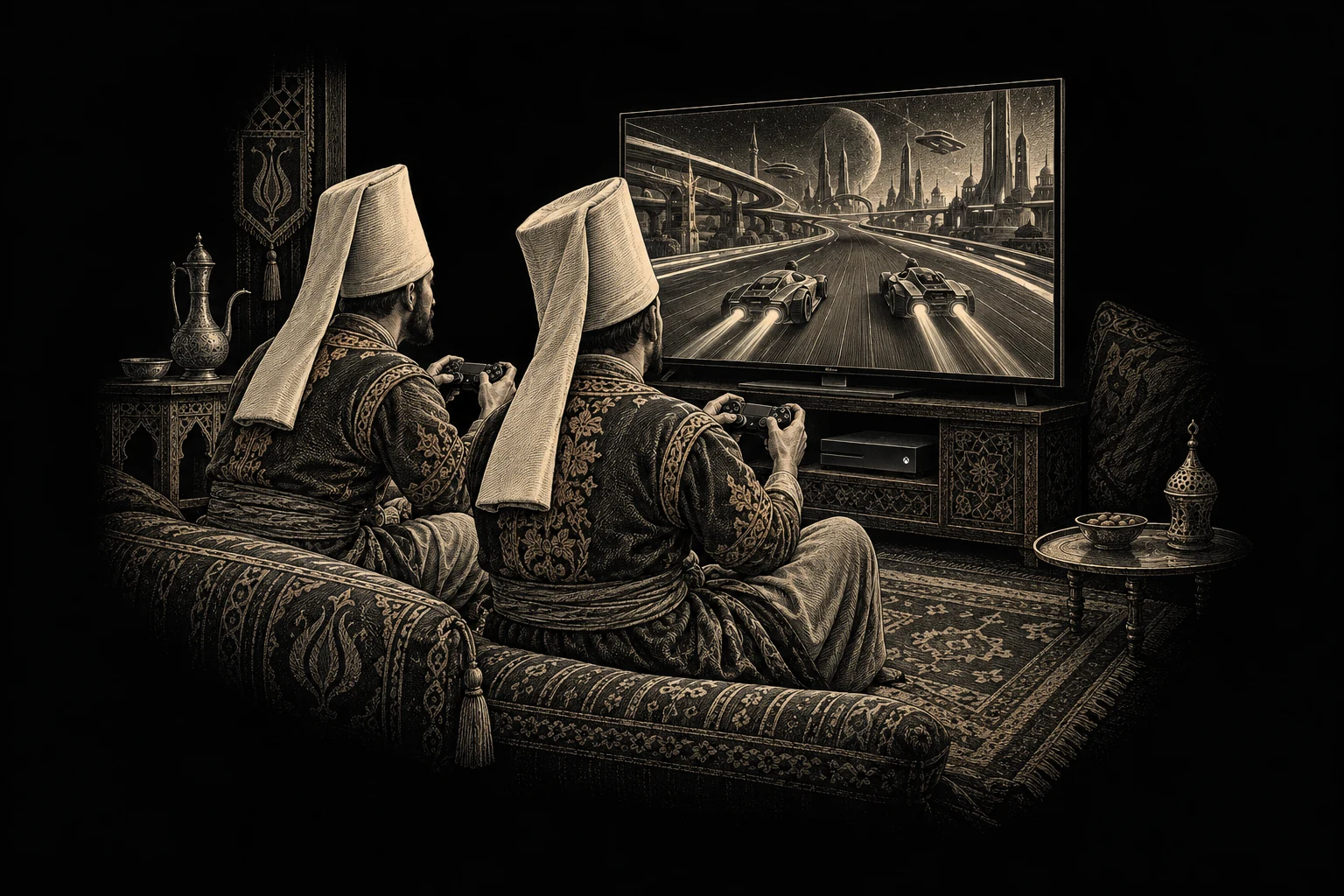 Zenef Games — Engraving of two Janissaries playing a console game together on a television.