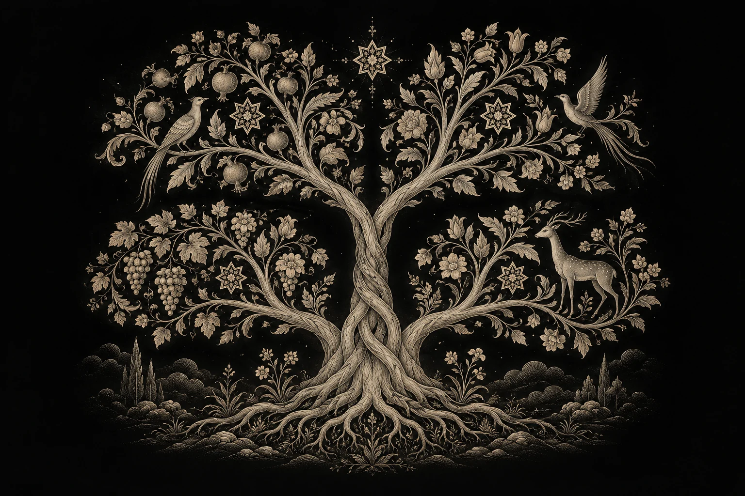 Zenef Group — Tree of life with four main branches, shared roots and rumi and hatayi ornament.