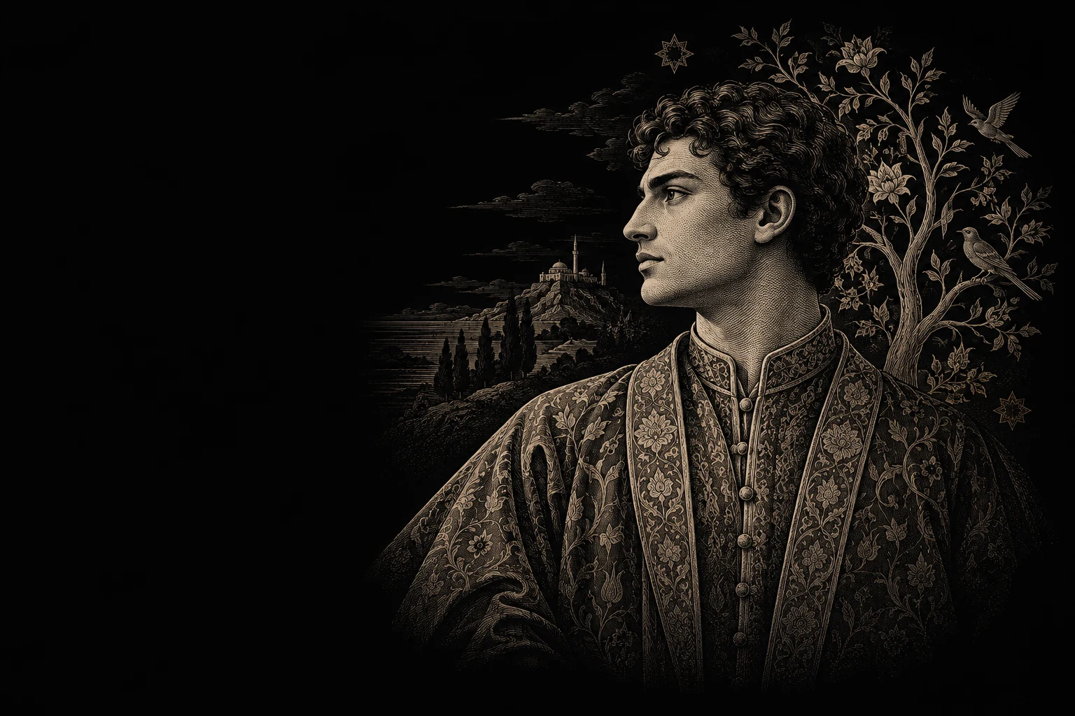 Zenef Group — Engraved illustration of a kaftan-clad figure with Turkish motifs.