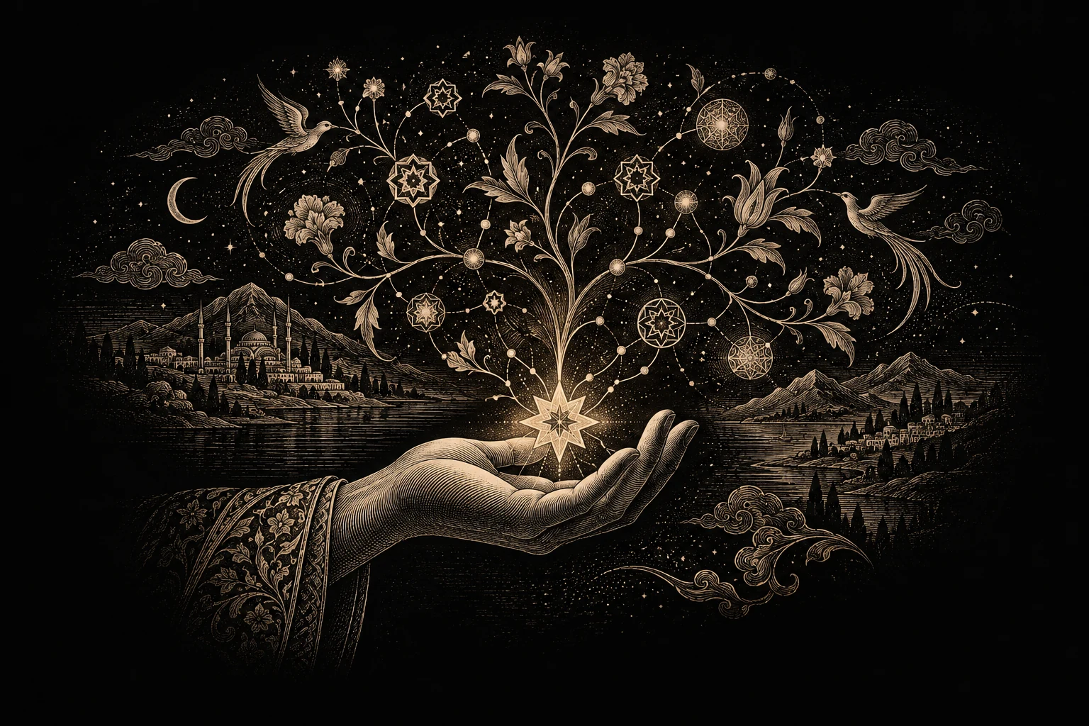 Zenef Studios — Engraved hand holding a geometric star and branching knowledge network.