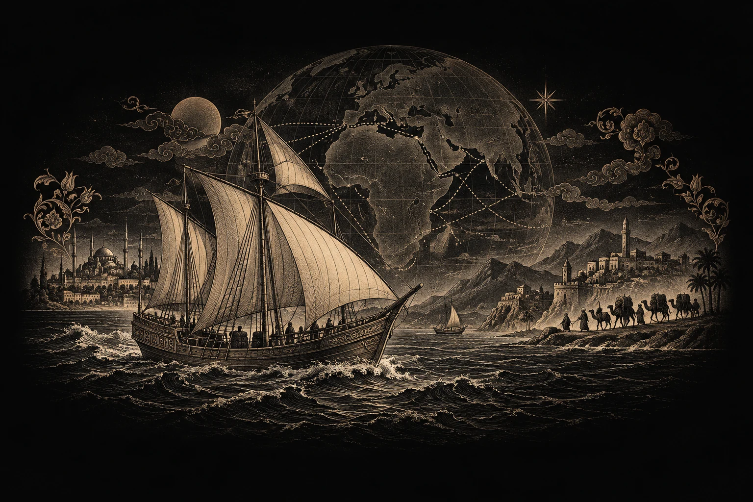 Zenef B2B & B2C — Engraving of trade routes and an Ottoman merchant vessel.